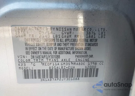 2018 Nissan Sentra S из США, поврежденный, VIN 3N1AB7AP2JY301088